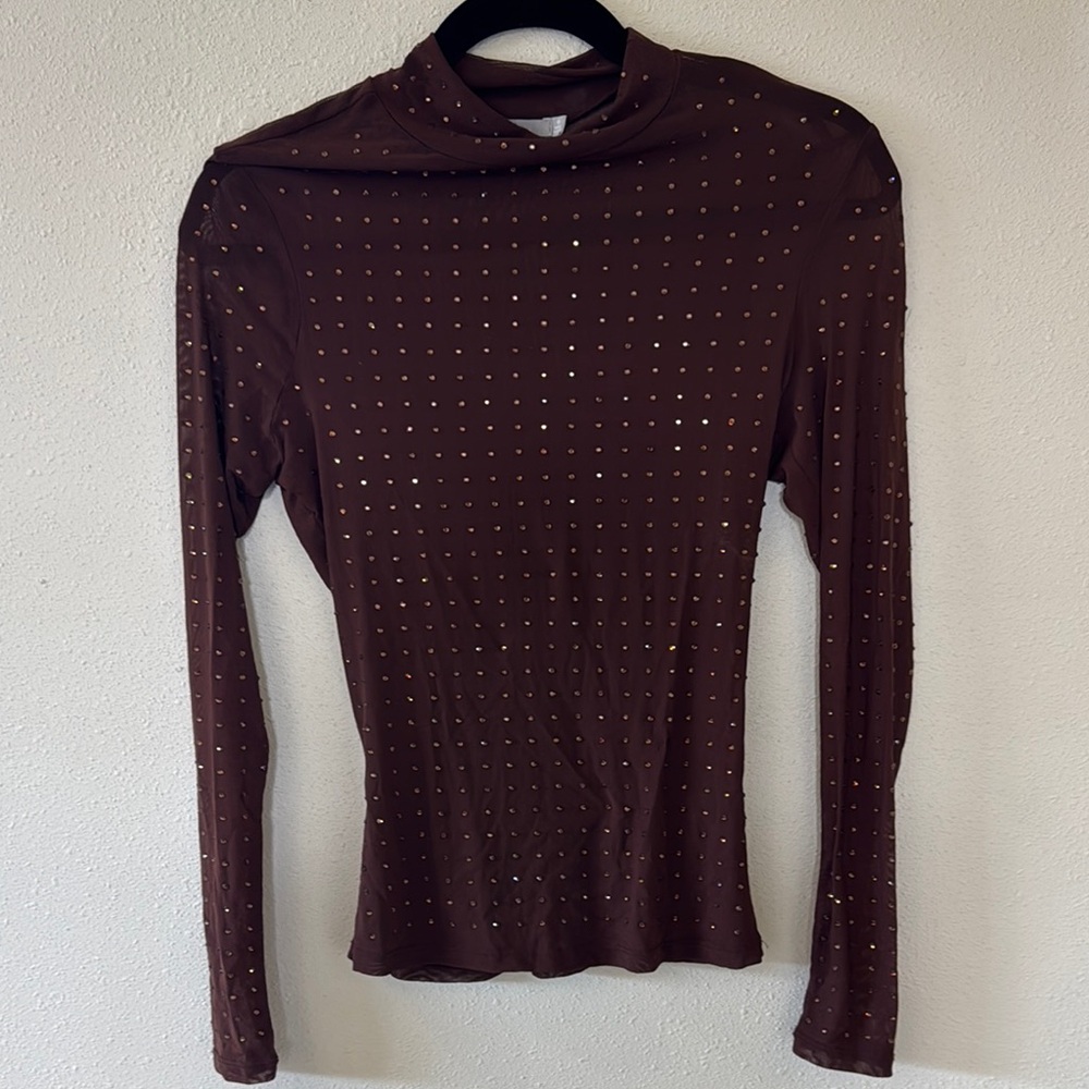 Brown Long Sleeve Top with Gold Studs